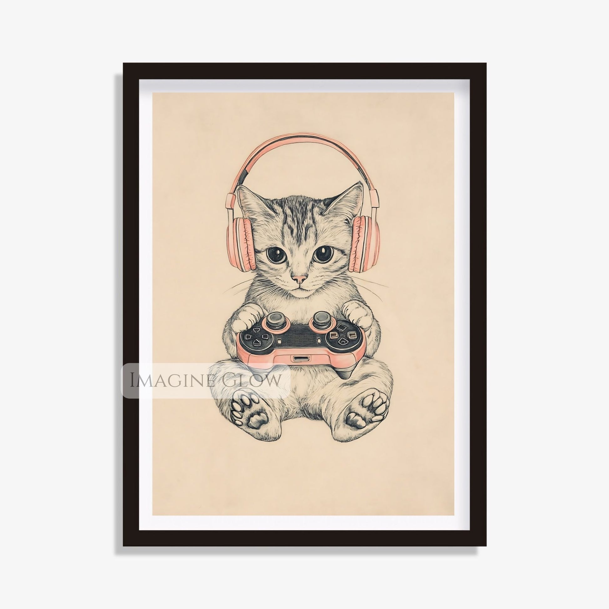 Adorable cat playing video games digital print
