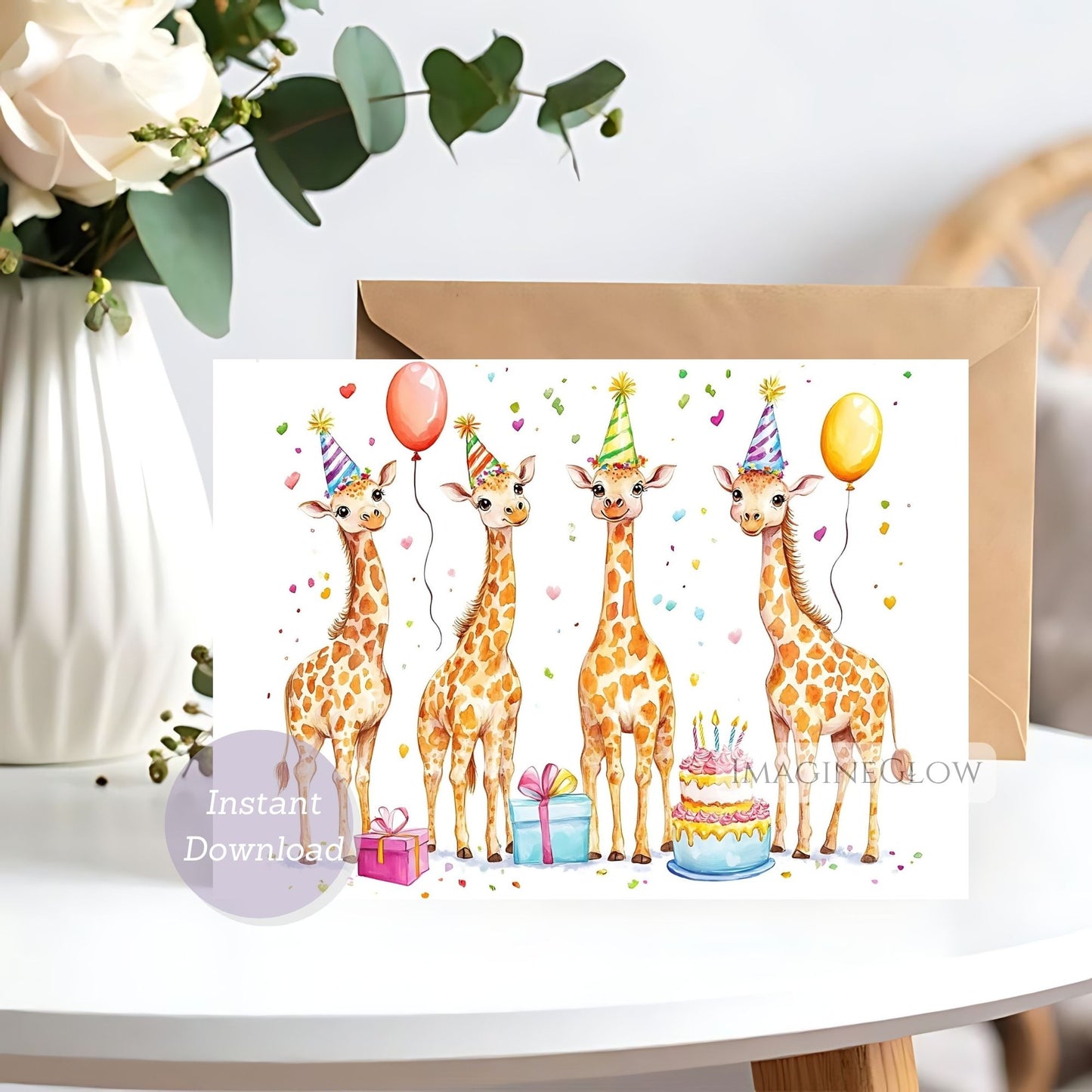 Greeting card with cartoon giraffes celebrating a birthday, on a white background.