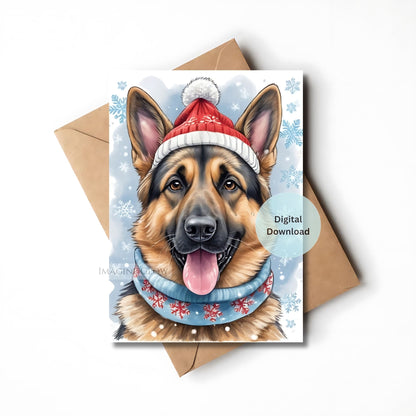 Christmas-themed greeting card with a German Shepherd wearing a Santa hat and scarf, next to an envelope.
