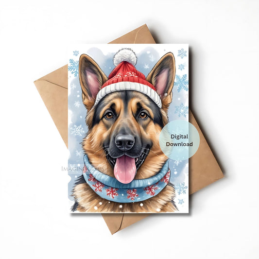 Christmas-themed greeting card with a German Shepherd wearing a Santa hat and scarf, next to an envelope.