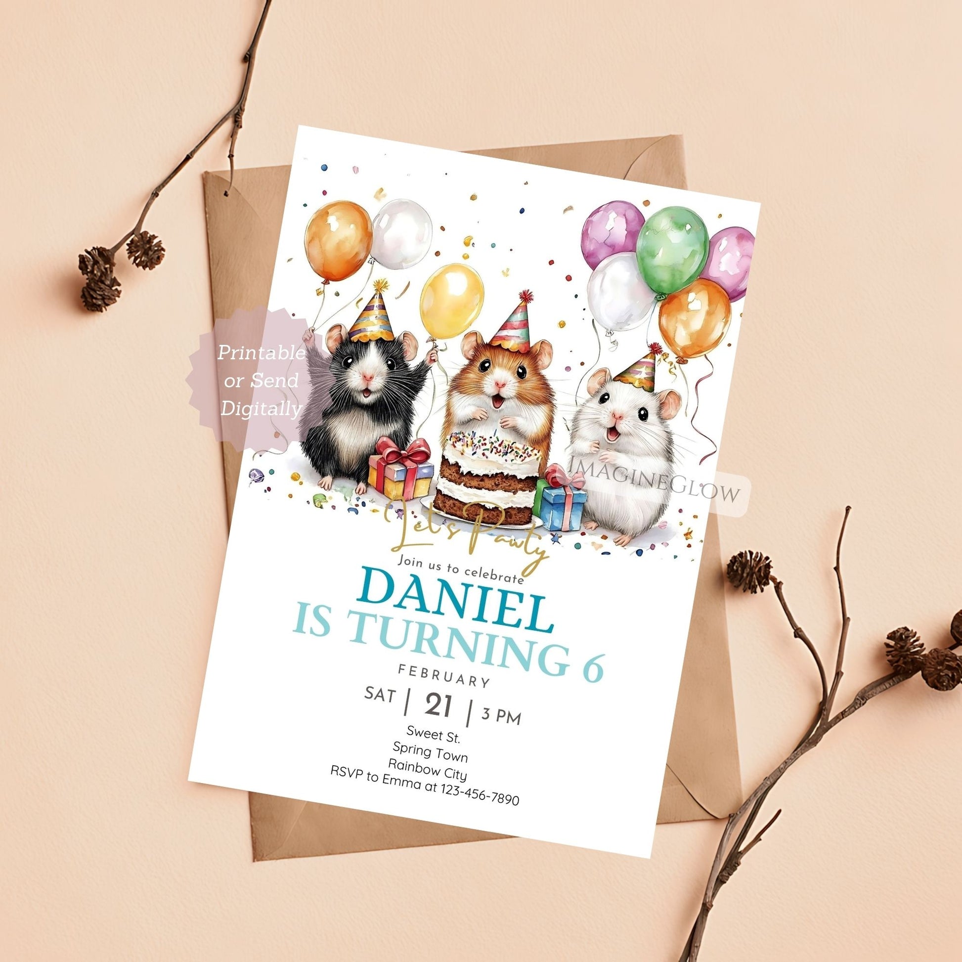 Hamster birthday invitation with colorful balloons
