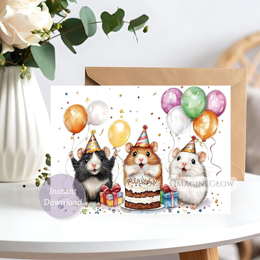 Greeting card with cartoon rats celebrating a birthday, balloons, and a cake on a white surface.
