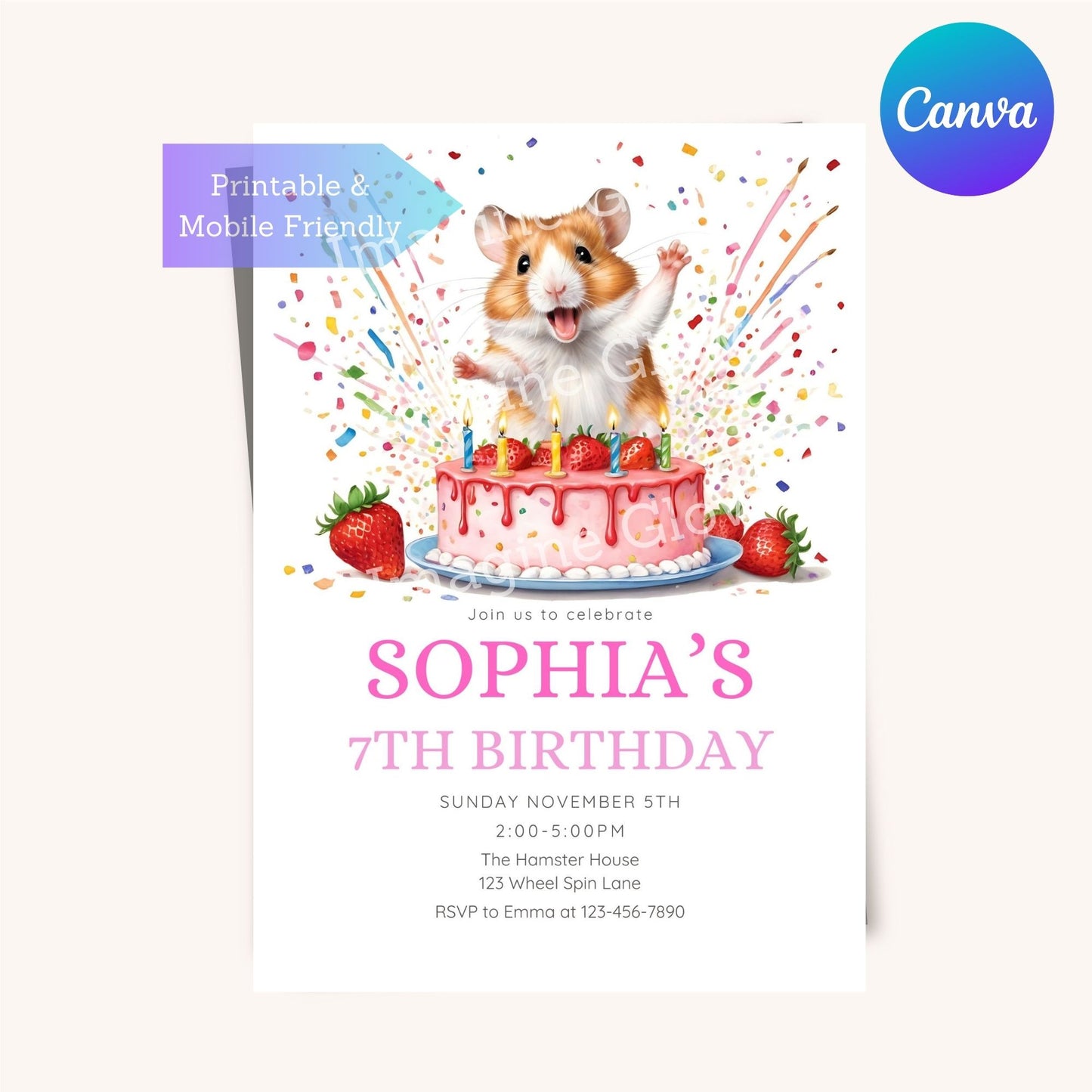 Editable pink girl birthday invite featuring a hamster and cake.