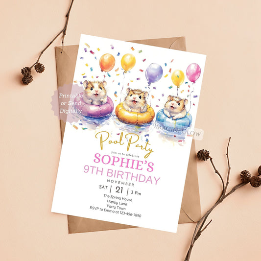 Cute hamster floating in a pool on a birthday invitation.
