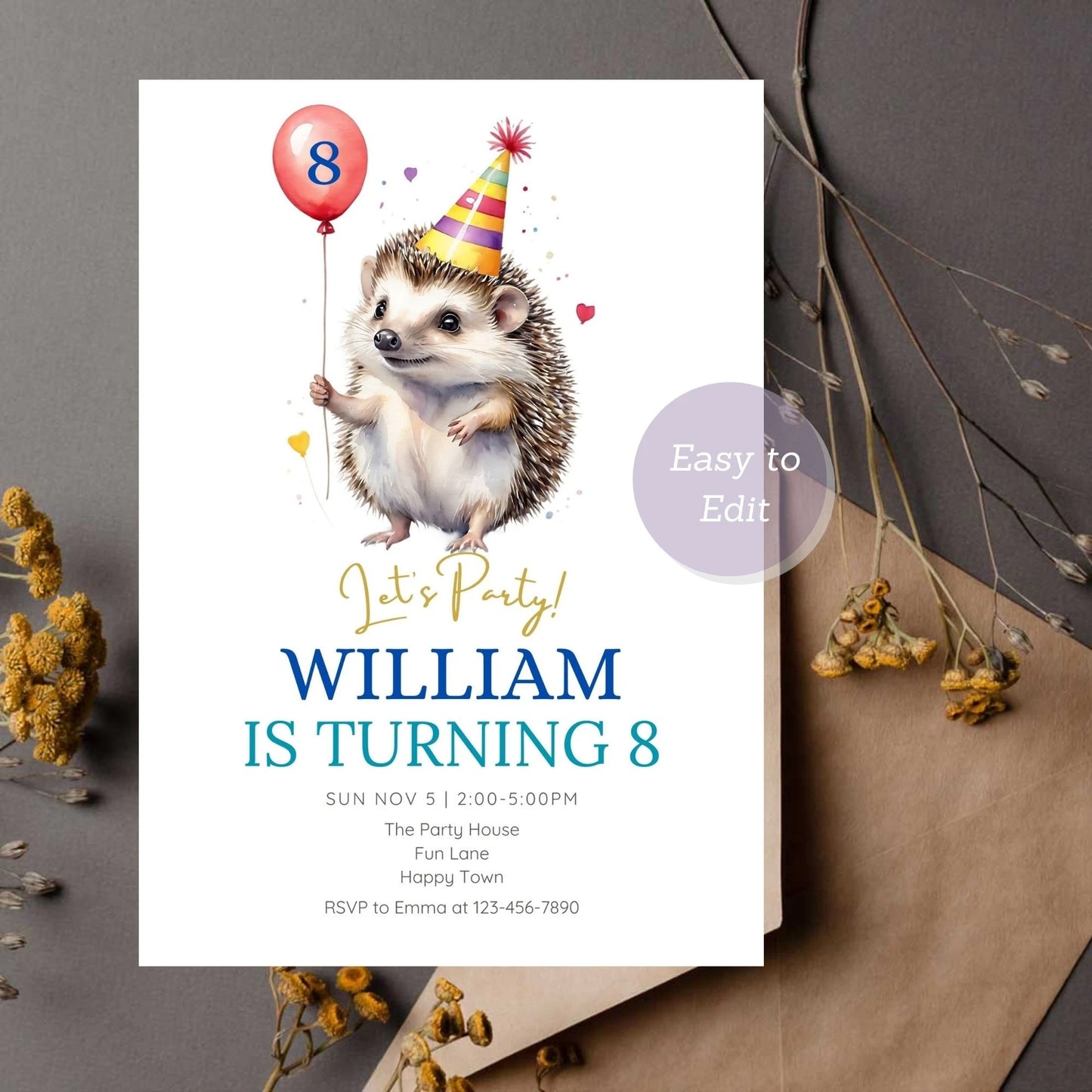 Hedgehog Birthday Invitation - Balloon Invite - Woodland Animal Party Invite Template - Kids Birthday Party