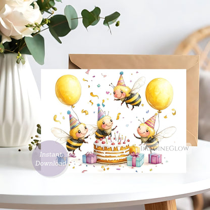 Birthday card with cartoon bees around a cake, balloons, and presents on a white surface.