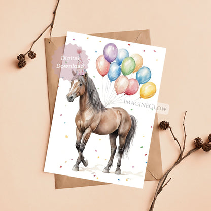 Card with a horse illustration and balloons on a beige background