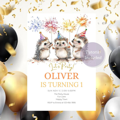 Printable hedgehog birthday invitation for woodland-themed parties.
