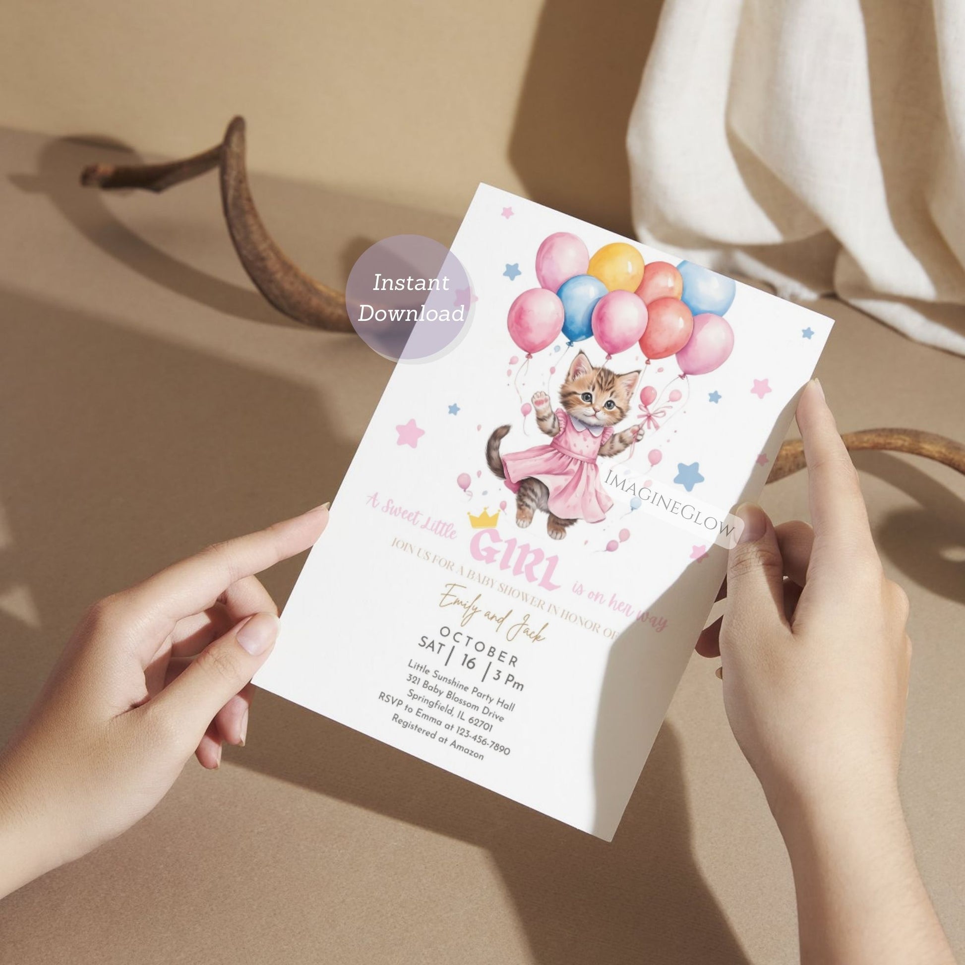sweet pink kitten baby girl party invite