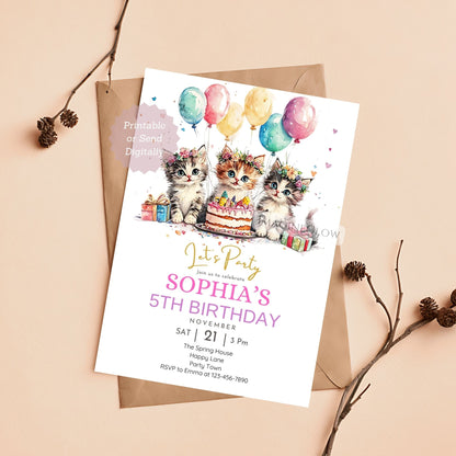 Kitten birthday invitation floral design editable

