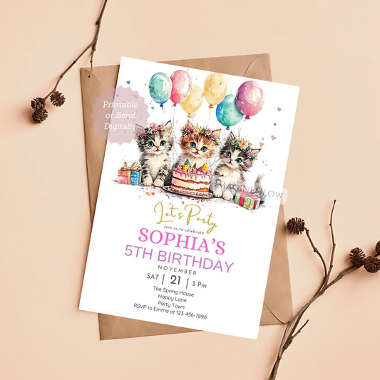 Kitten birthday invitation floral design editable

