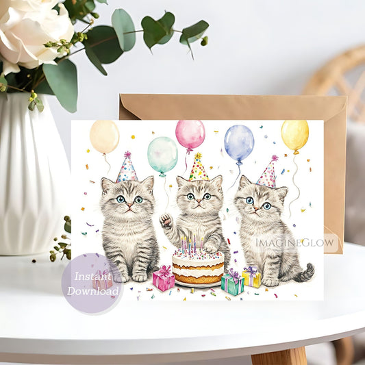 Greeting card with three kittens celebrating a birthday, surrounded by balloons and a cake.