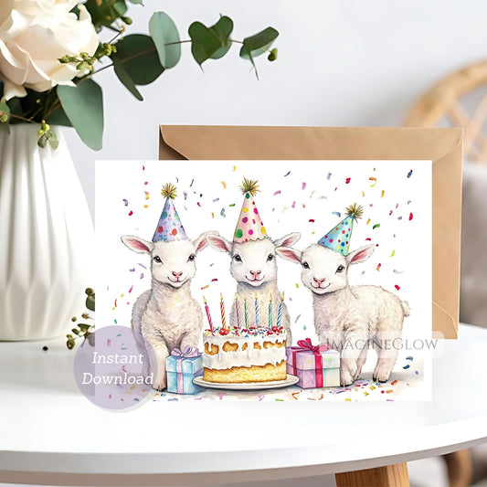 Greeting card with three lambs around a birthday cake and presents