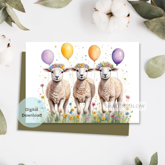 Digital download card with three sheep holding balloons on a white background
