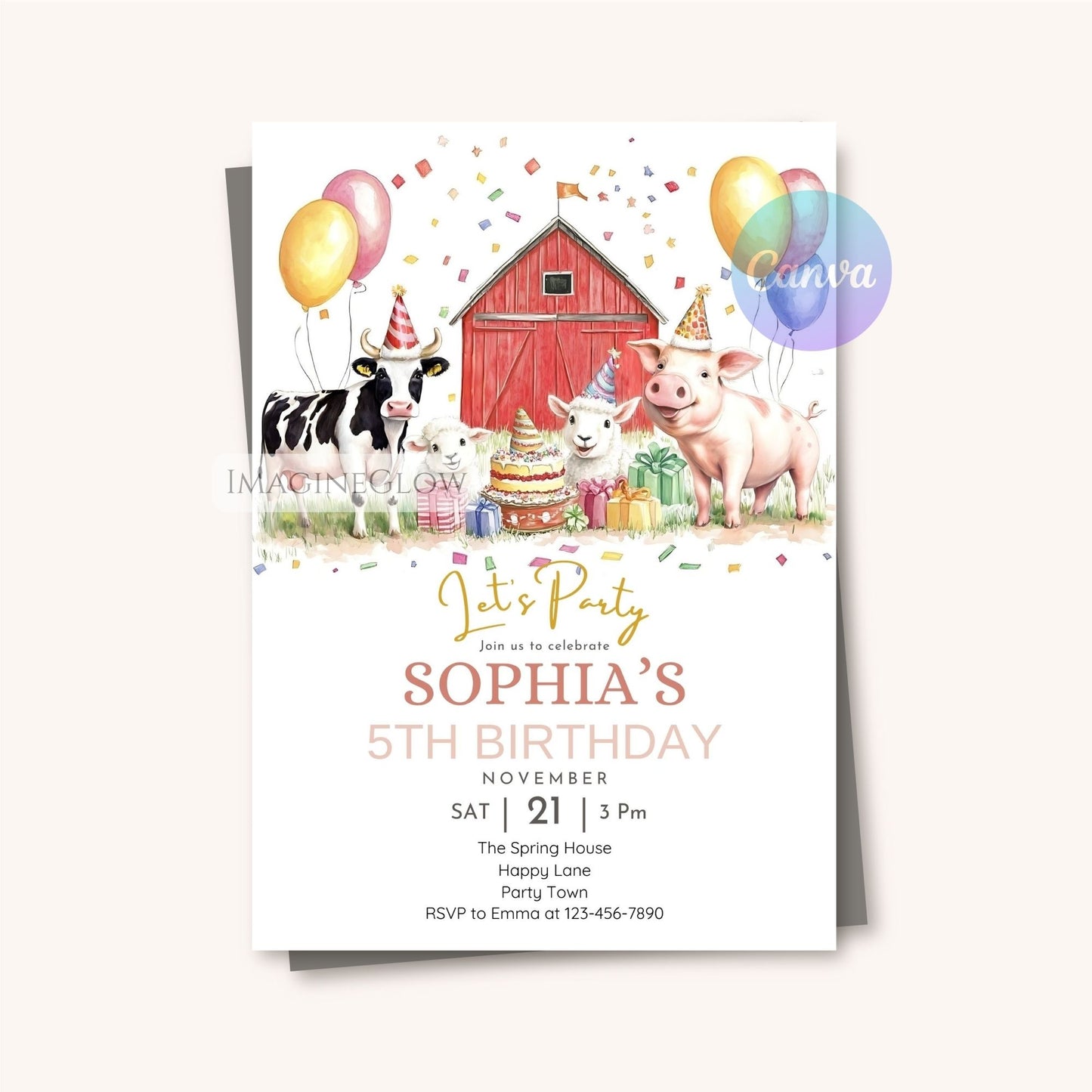Cute cow lamb pig birthday party invitation
