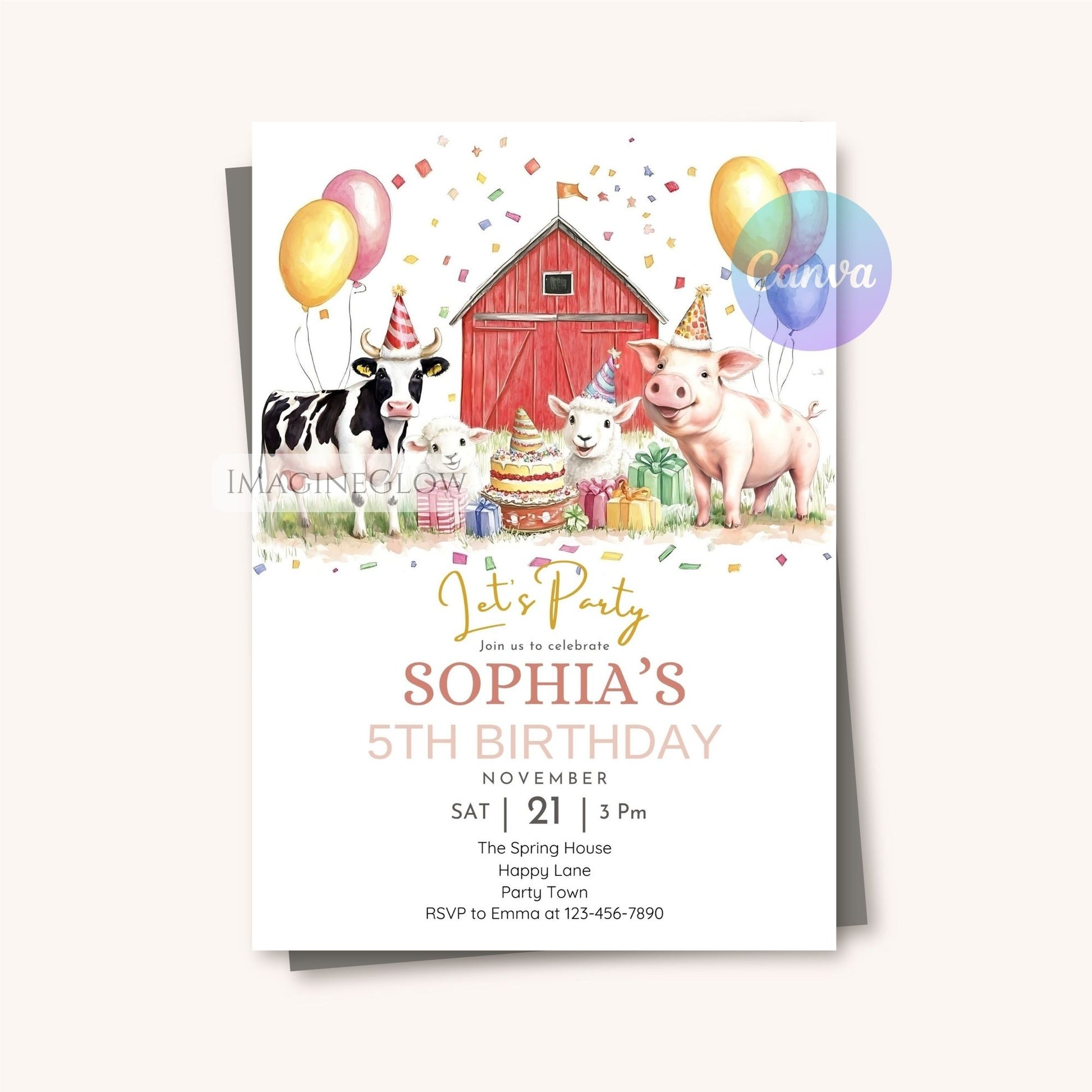 Cute cow lamb pig birthday party invitation
