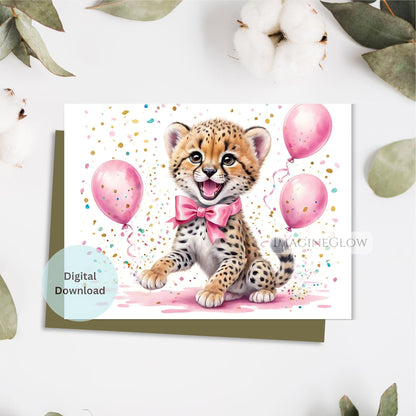 Digital leopard greeting card for kids
Leopard card for girl birthday celebration
Cheetah or leopard card for safari theme
Whimsical leopard birthday card design