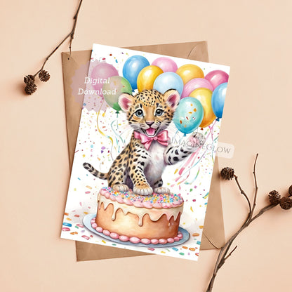 Leopard birthday card for girl
Cute wild cat printable birthday card
