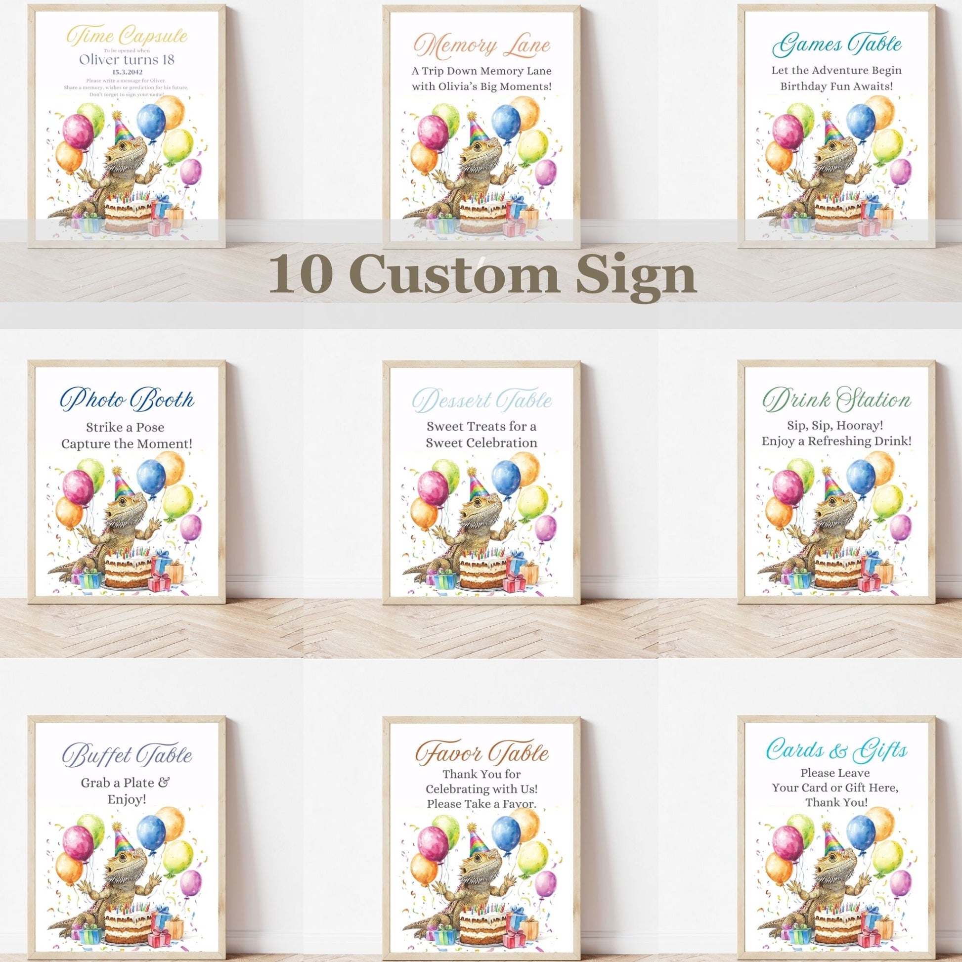 Collection of birthday party sign prints with fun lizard and balloons on a white background.