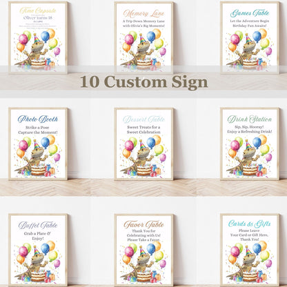 Collection of birthday party sign prints with fun lizard and balloons on a white background.