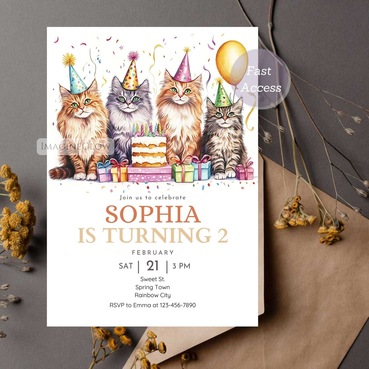 Editable birthday invite with Maine Coon cat

