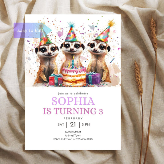 Playful meerkat invitation for wild animal kids birthday.
