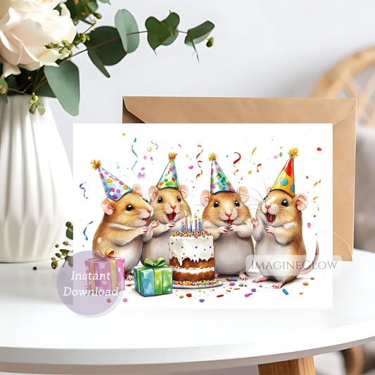 Greeting card with four hamsters celebrating a birthday, featuring a cake and presents on a white background.