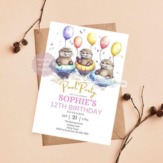 Cute otter floating in a pool on a birthday invitation.
