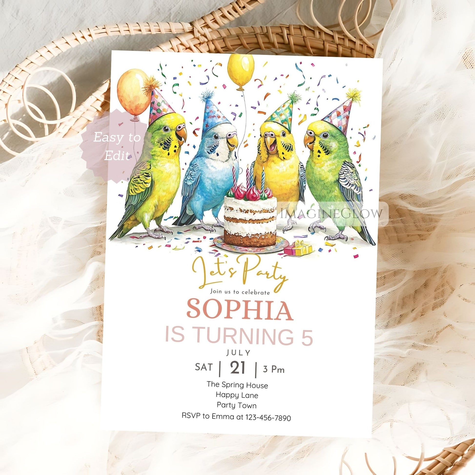Colorful parakeet party invitation template

