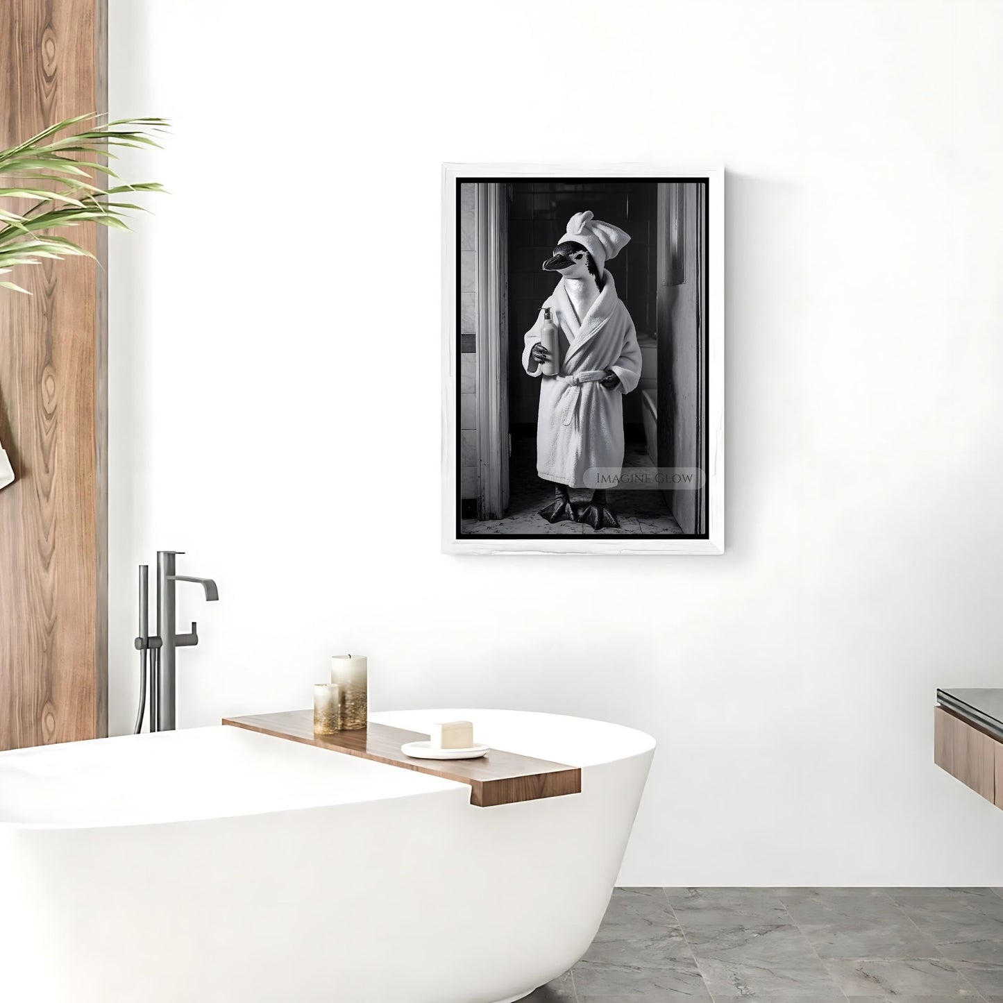 Black and white penguin print for restroom decor
