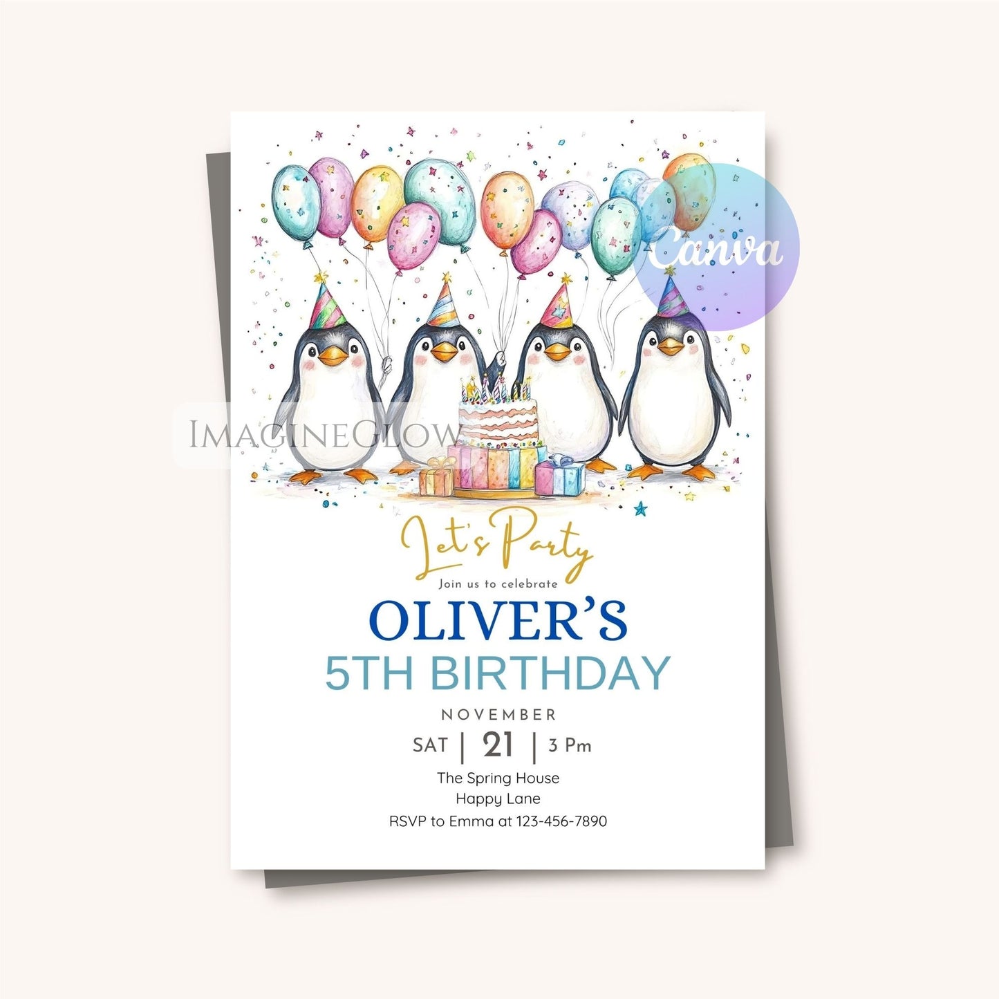 digital penguin birthday party invite
