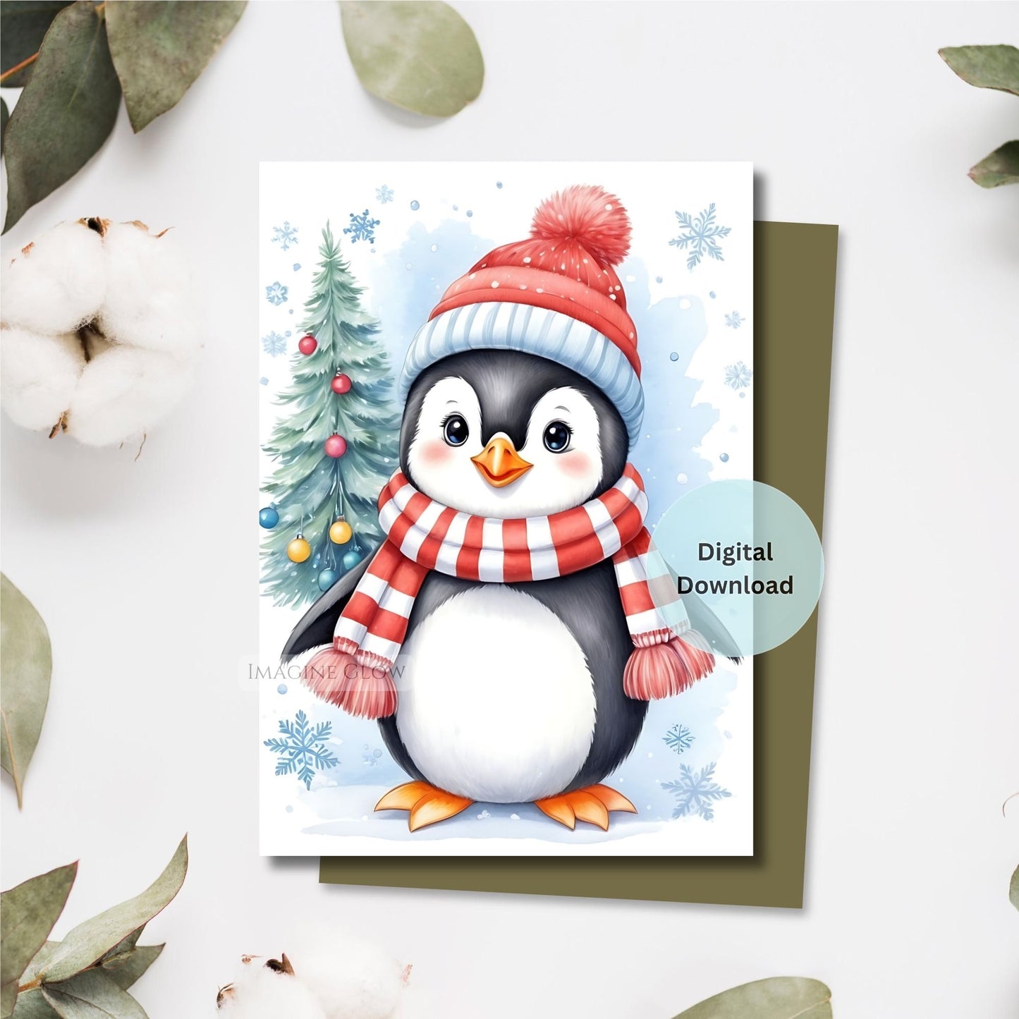 Card with a penguin wearing a red hat and scarf, surrounded by Christmas decorations on a white background.