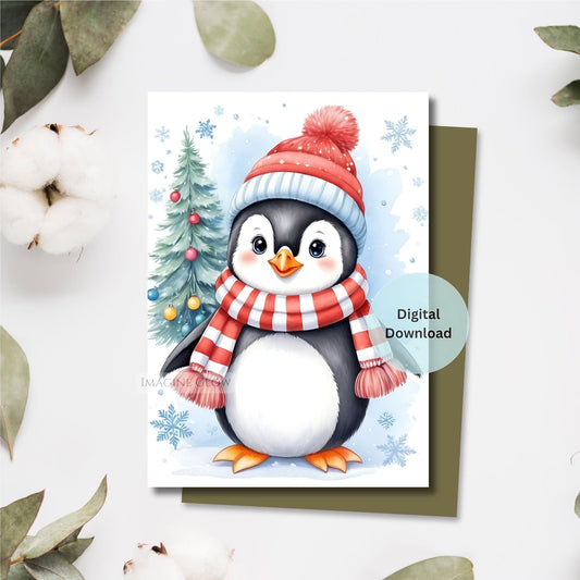 Card with a penguin wearing a red hat and scarf, surrounded by Christmas decorations on a white background.