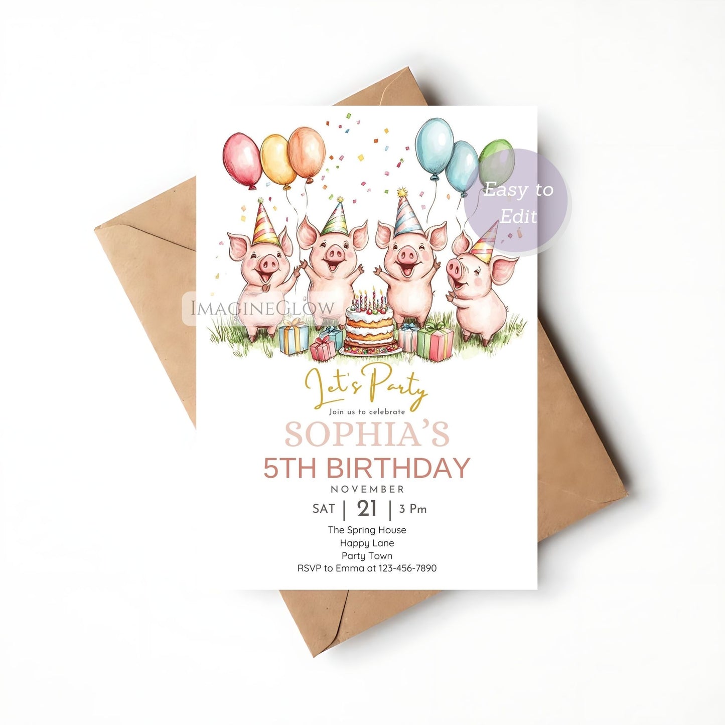 Farmyard birthday party card with pig illustration

