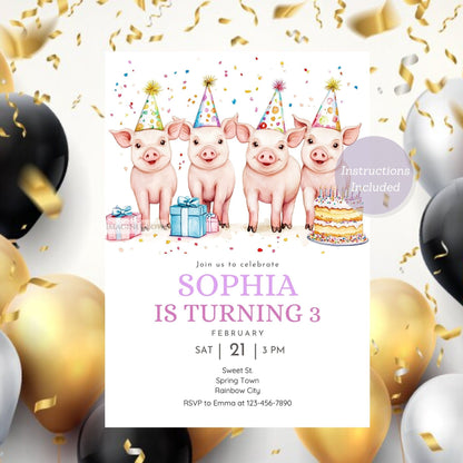 Editable piglet party invitation with birthday cake
