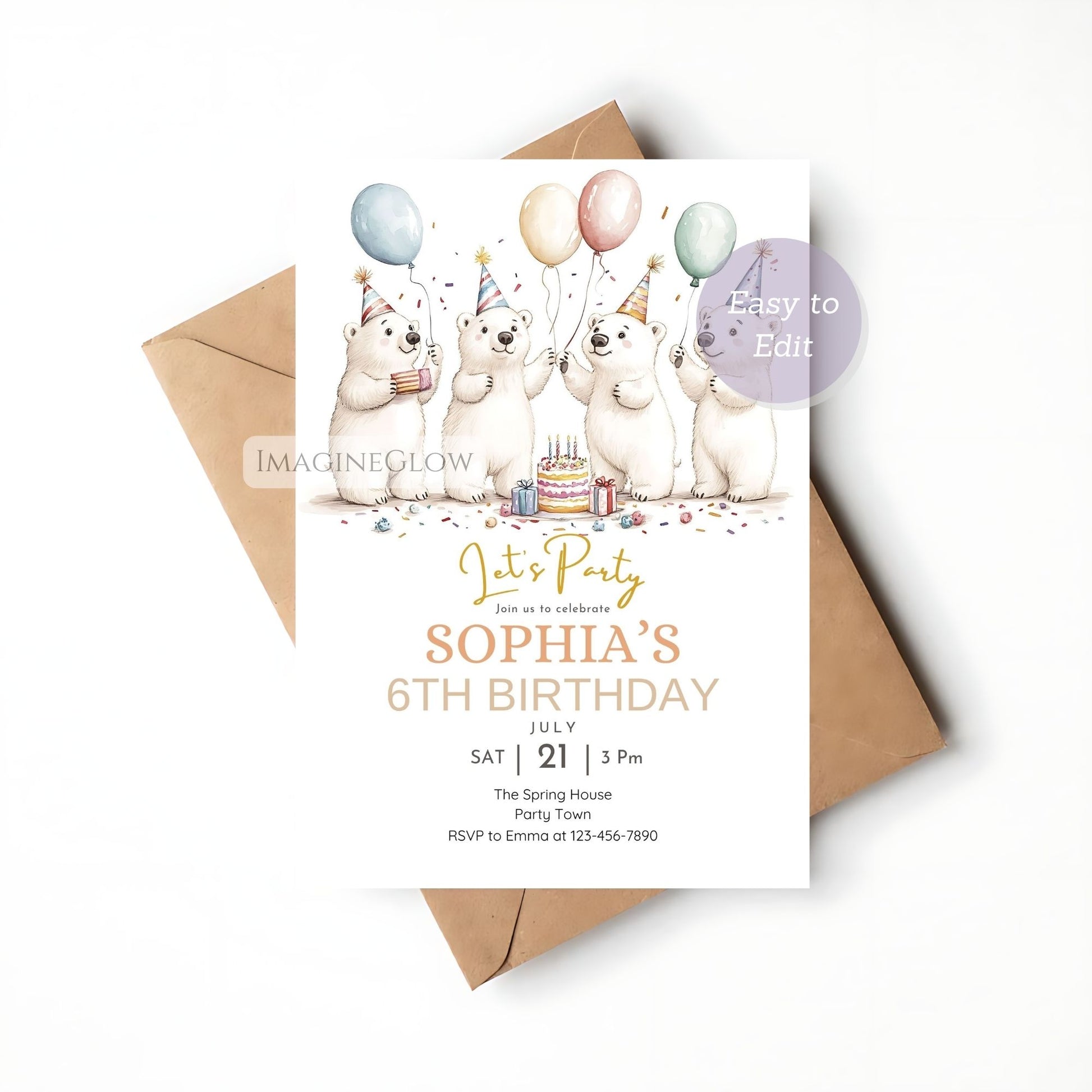 digital winter birthday invite
kids polar bear invitation
