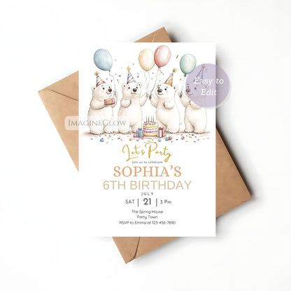 digital winter birthday invite
kids polar bear invitation
