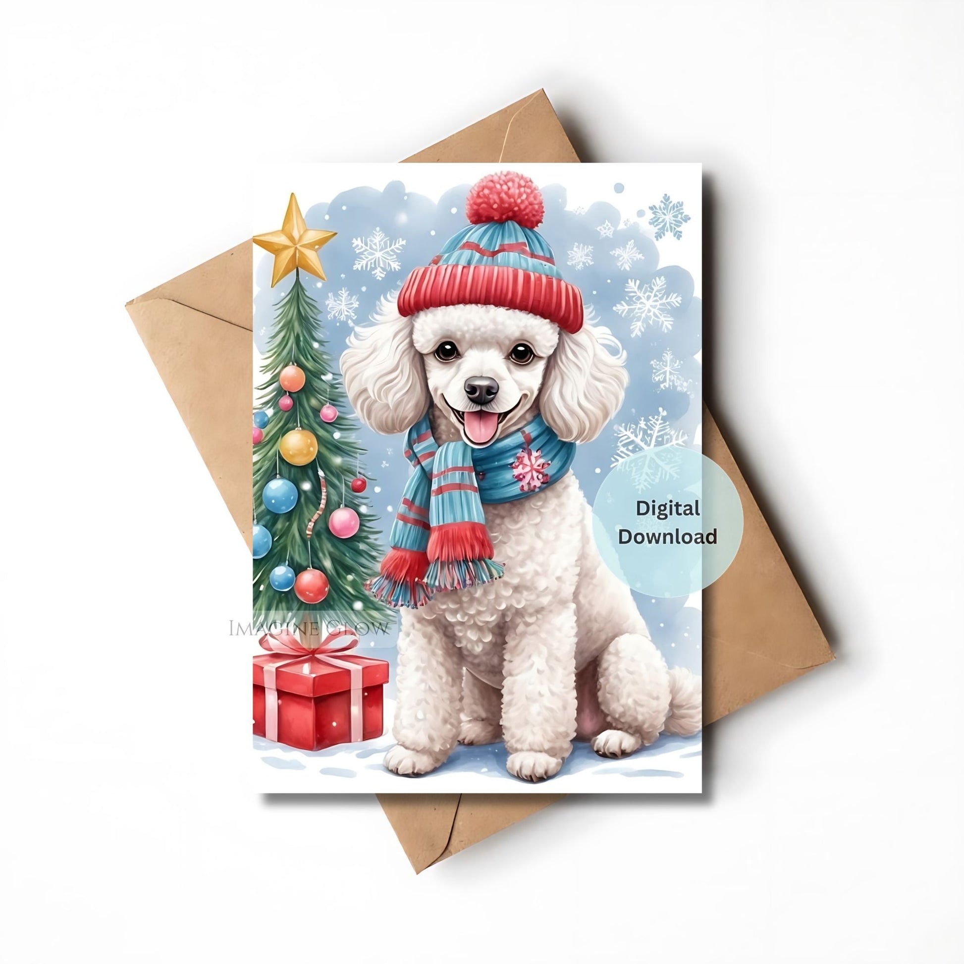 Christmas-themed card with a dog wearing a hat and scarf, next to a tree and presents, with an envelope.
