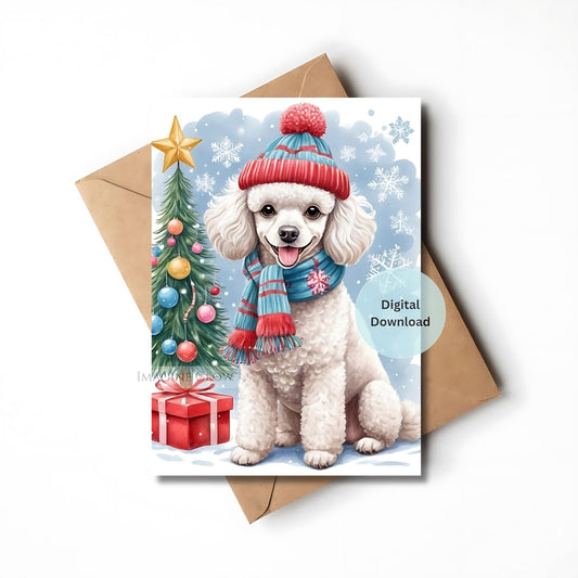 Christmas-themed card with a dog wearing a hat and scarf, next to a tree and presents, with an envelope.