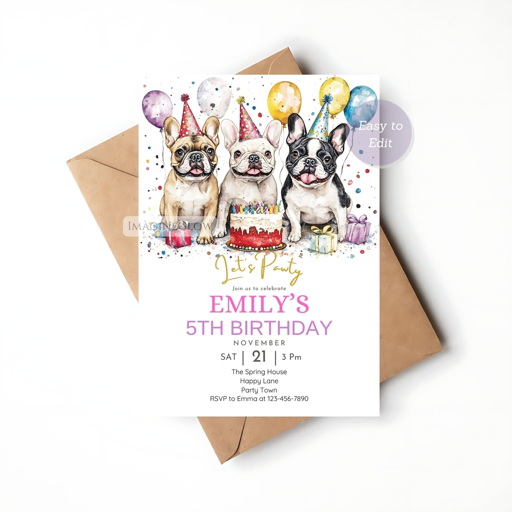 Cute puppy birthday invite with French bulldogs
