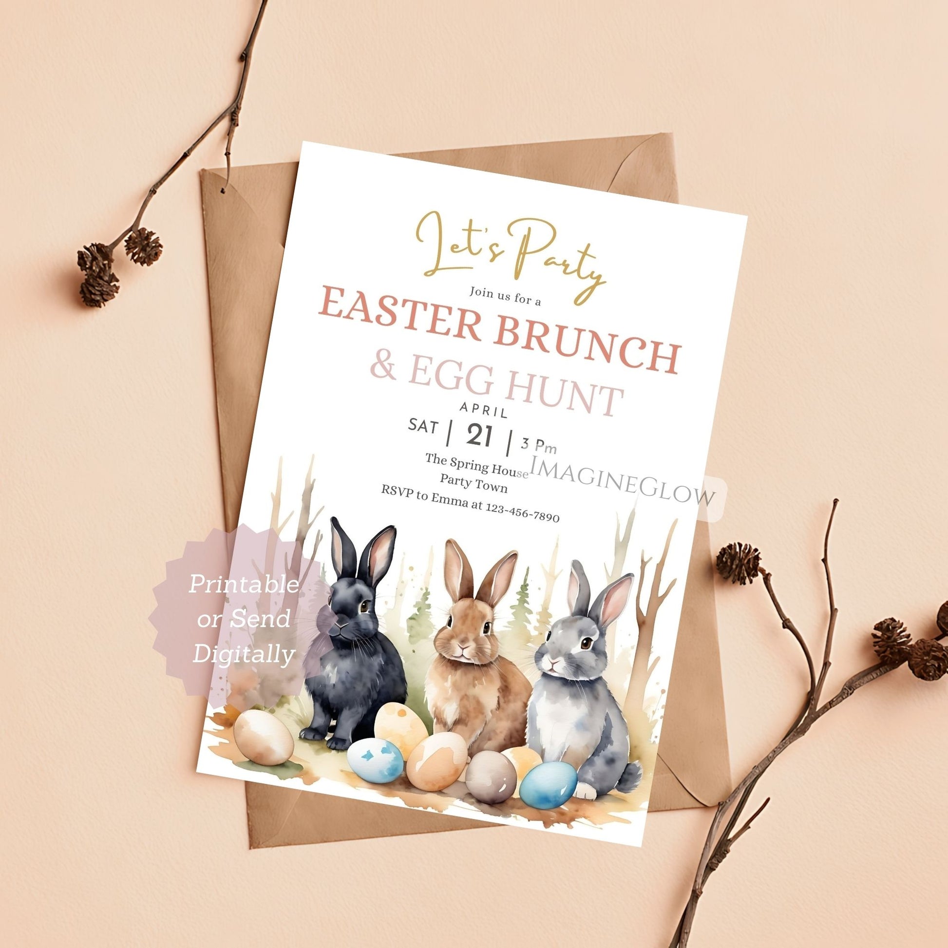 Easter brunch and egg hunt invitation with bunnies and eggs on a beige background