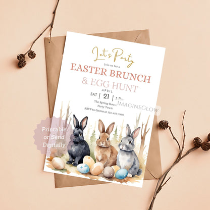 Easter brunch and egg hunt invitation with bunnies and eggs on a beige background