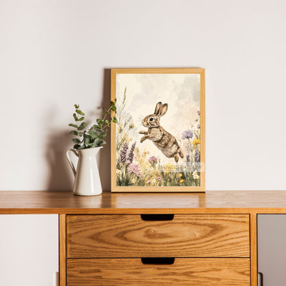 Spring meadow with bunny and wildflowers art.
