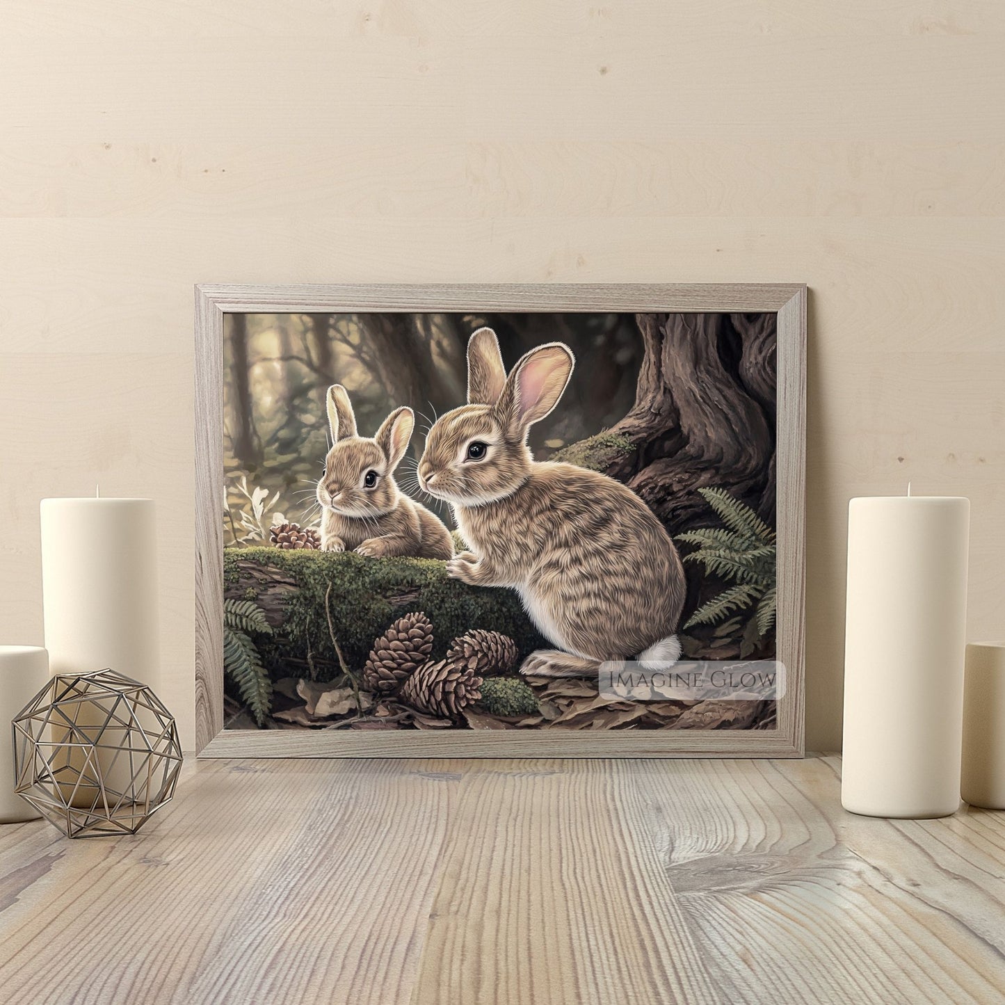 Two playful rabbits in serene woodland art print.
ature scene with rabbits in forest.