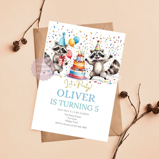 Raccoon birthday invitation for forest-themed kids' party.
