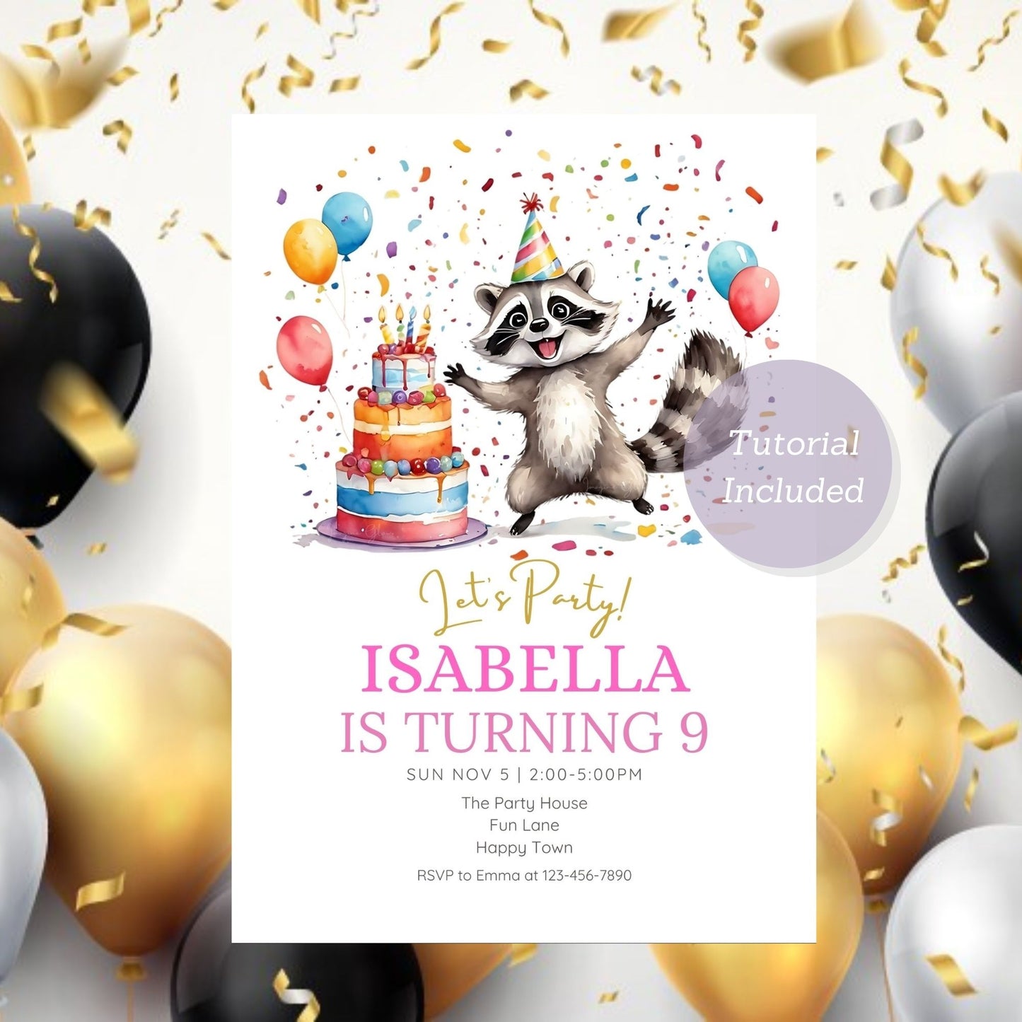 Raccoon kids party invite for woodland animal celebration
