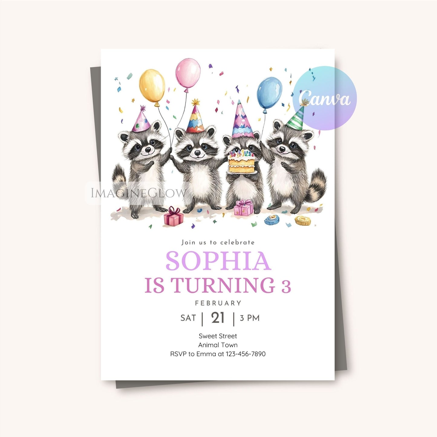 Raccoon Birthday Invitation - Woodland Animal Party Invite