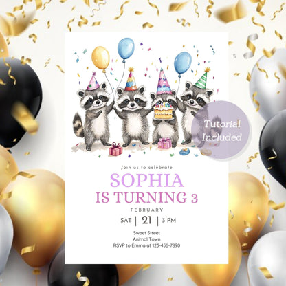 Fun raccoon invitation for a wild animal theme kids birthday party.
