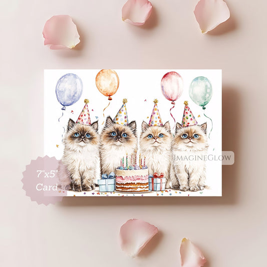 Birthday card with four cats wearing party hats and balloons on a light pink background.
