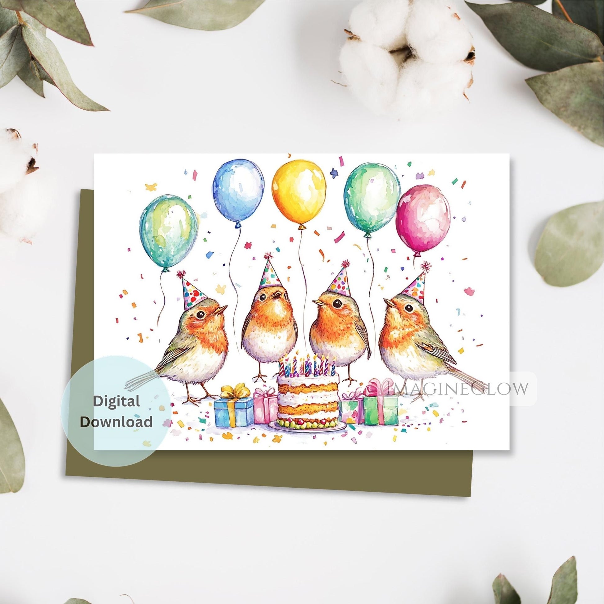Birthday card with four birds, balloons, and a cake on a white background.